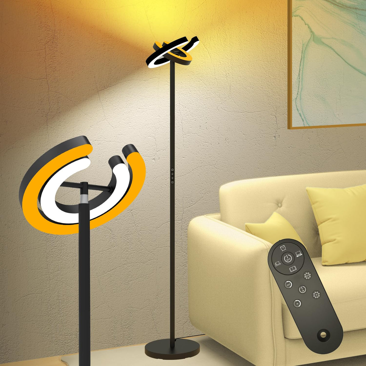 EPABINA floor lamp with dual C-shaped rotatable lights for flexible room illumination.