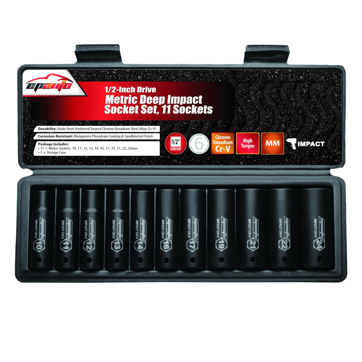 EPAuto 12-drive deep socket set with 11 metric sizes for versatile torque work.