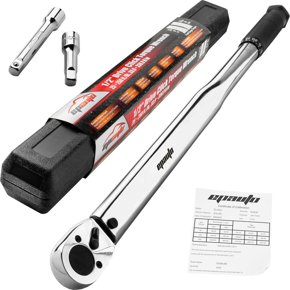 EPAuto half-inch drive click torque wrench with durable Cr-V head for precise tightening.