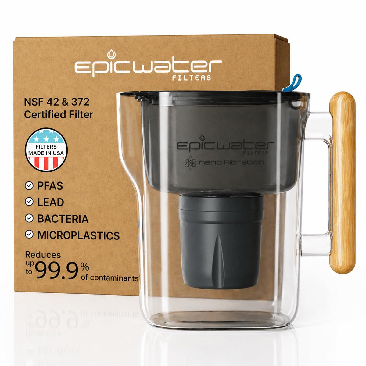 Epic Nano XP pitcher front view for easy daily hydration on the kitchen counter.