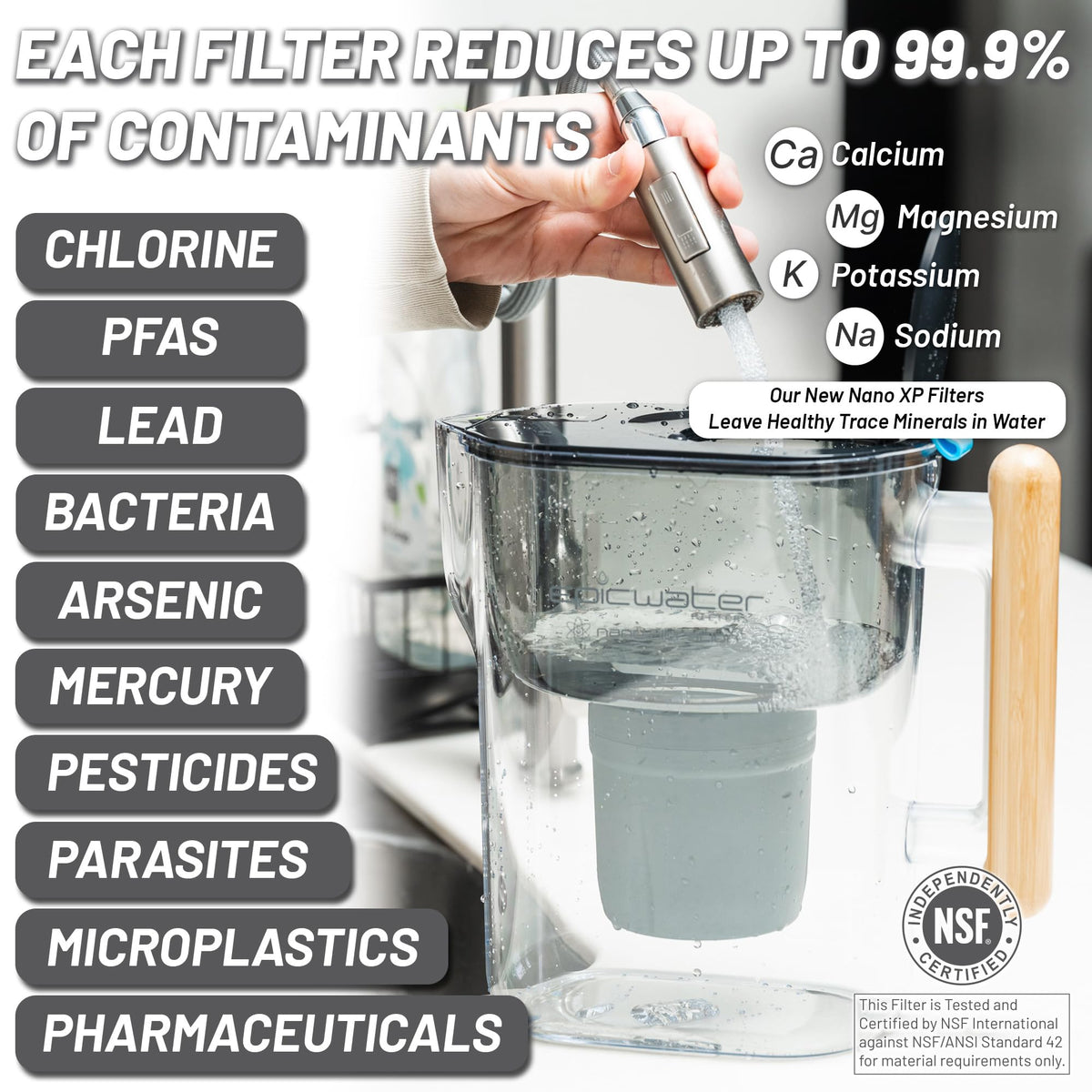 Epic Nano XP pitcher pouring water into glass for quick hydration.