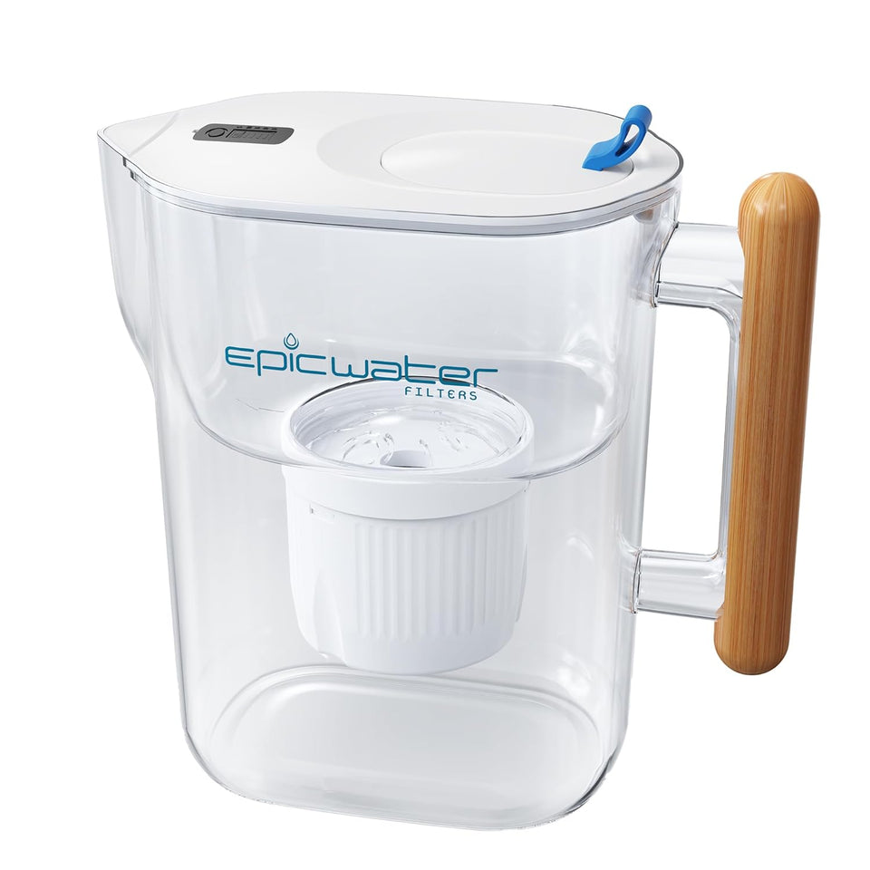 Epic Water Filters Pure Pitcher on fridge shelf for easy daily access.