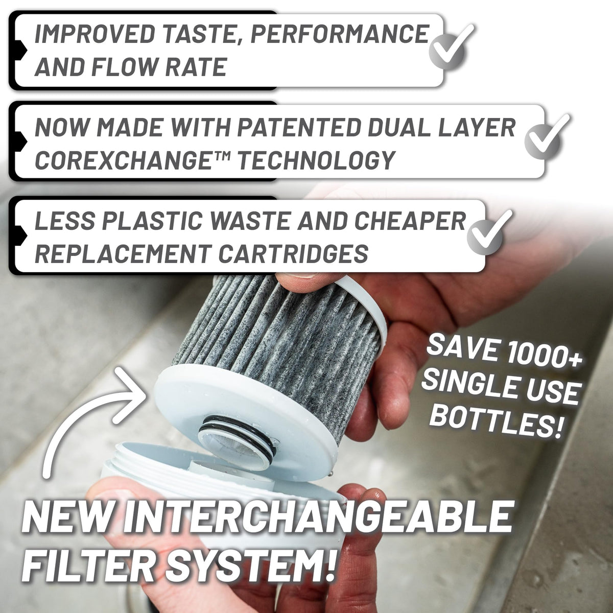 Cartridge seated in pitcher cavity during filtration process.