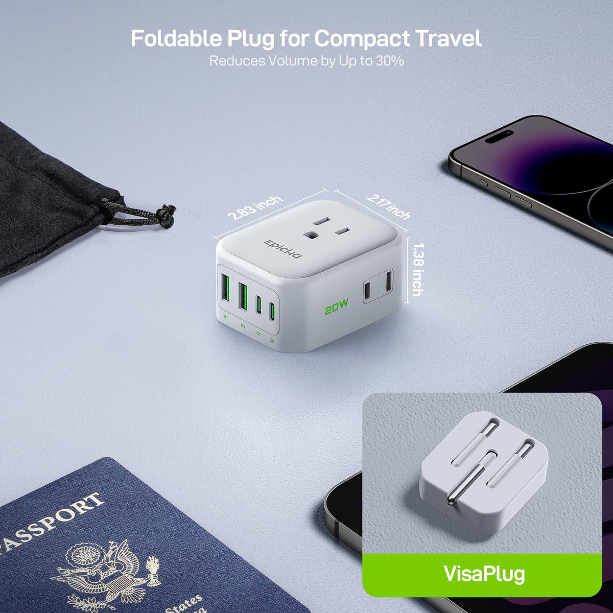 EPICKA cruise-approved travel adapter shown in compact form