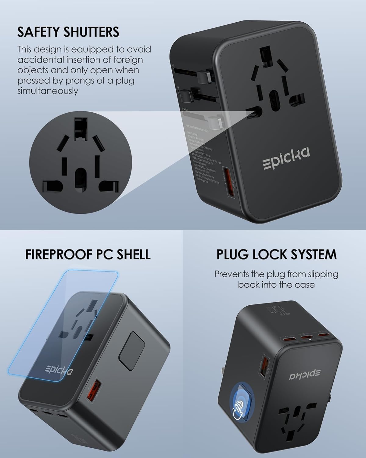 EPICKA travel setup on a cruise or hotel desk for safe power.