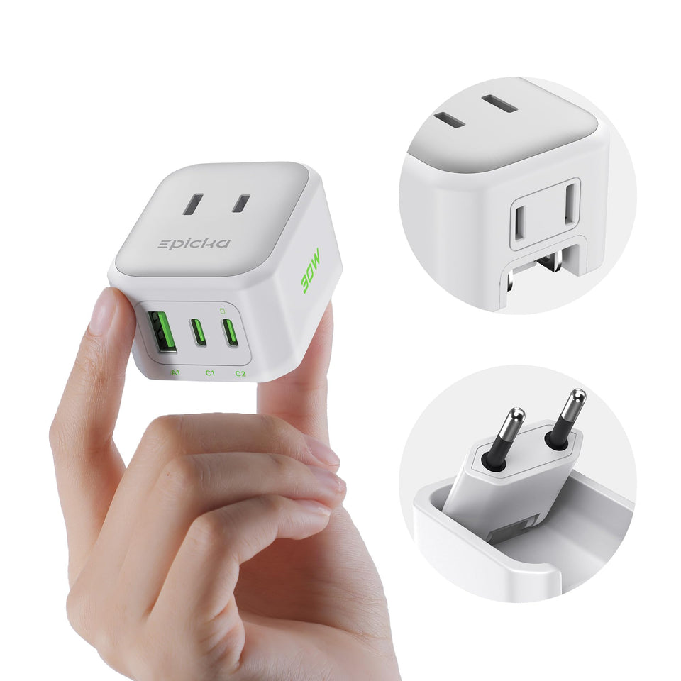 EPICKA Hybrid Mini European Travel Plug Adapter folded for ultra-compact packing on trips.