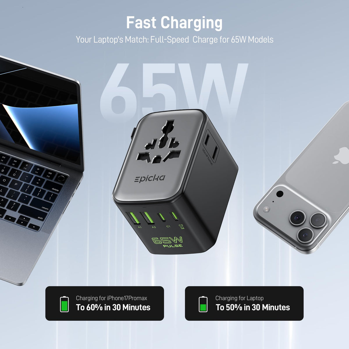 EPICKA Pulse Duo 65W universal outlet enables charging multiple devices worldwide.