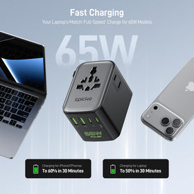 EPICKA Pulse Duo 65W universal outlet enables charging multiple devices worldwide.
