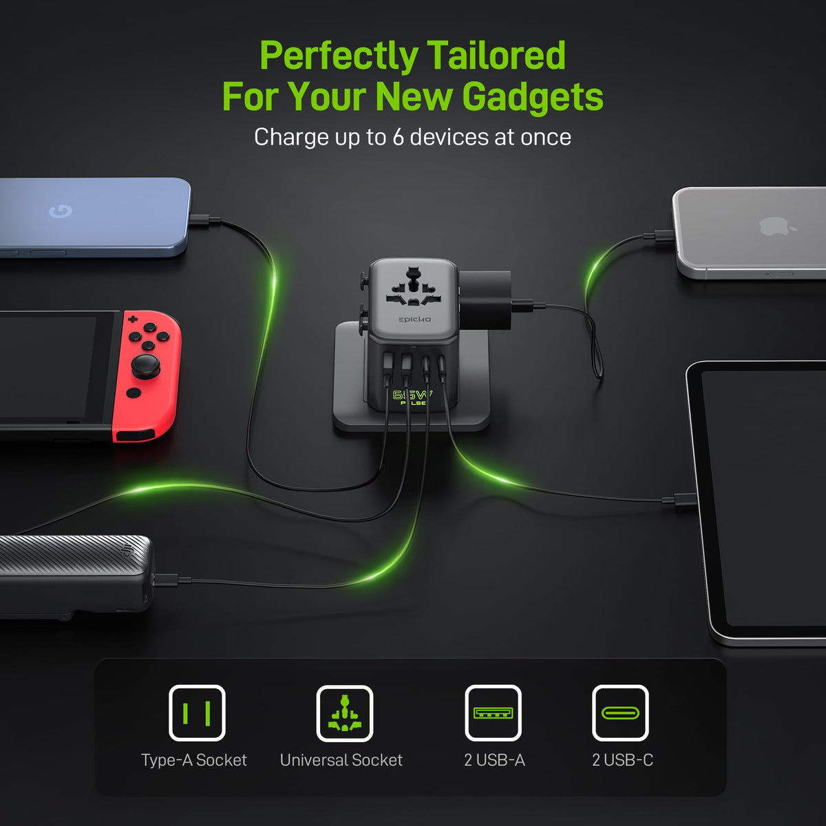 EPICKA Pulse Duo 65W Type-A outlet supports classic plugs during travel.