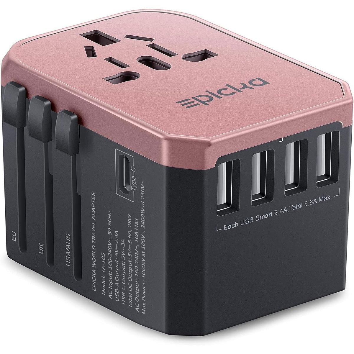 EPICKA TA-105 rose gold travel adapter front view for worldwide charging convenience.