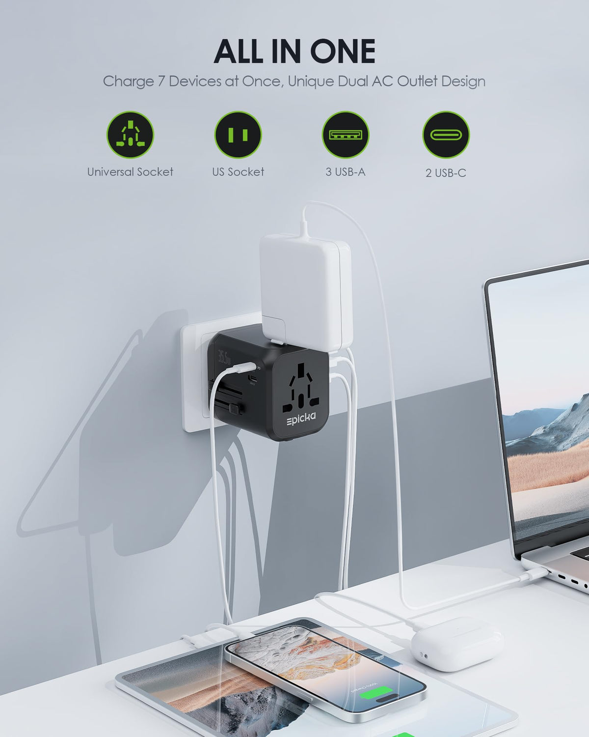 EPICKA TA-205 dual AC outlets for US and international plugs abroad