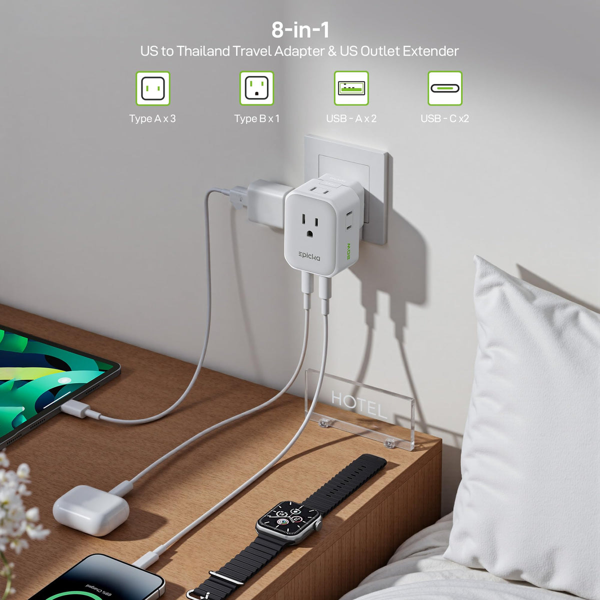 EPICKA 8-in-1 ports on the adapter for versatile charging