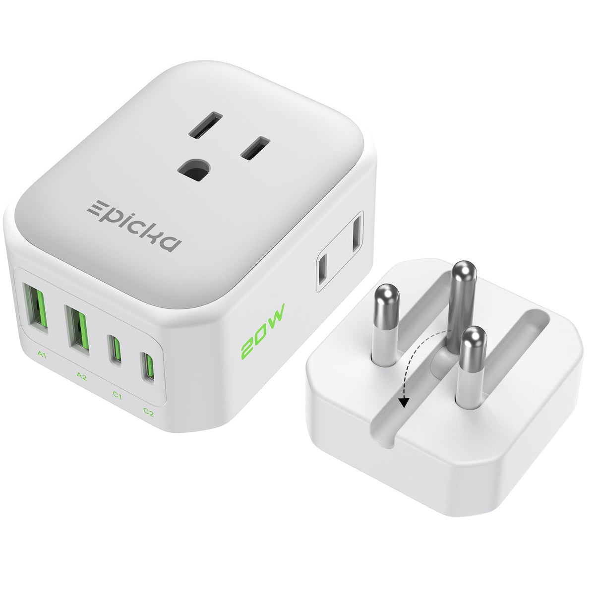 EPICKA travel plug adapter with foldable prongs for compact packing