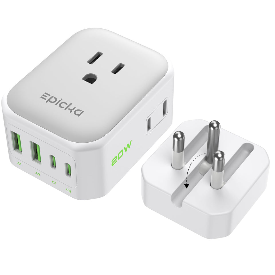 EPICKA travel plug adapter with foldable prongs for compact packing