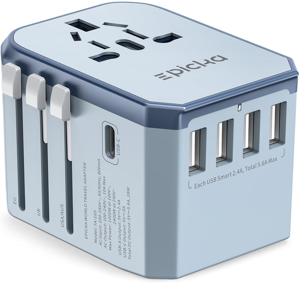 EPICKA travel adapter blue, showcasing universal compatibility for global devices.