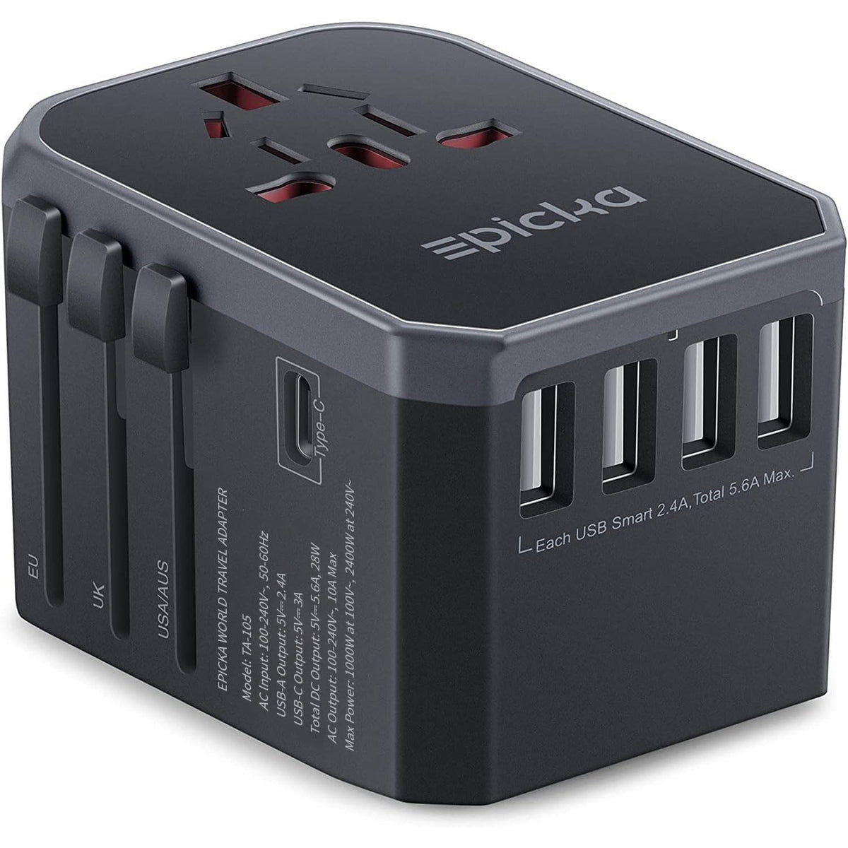 EPICKA universal travel adapter front view for compact all in one charging on global trips