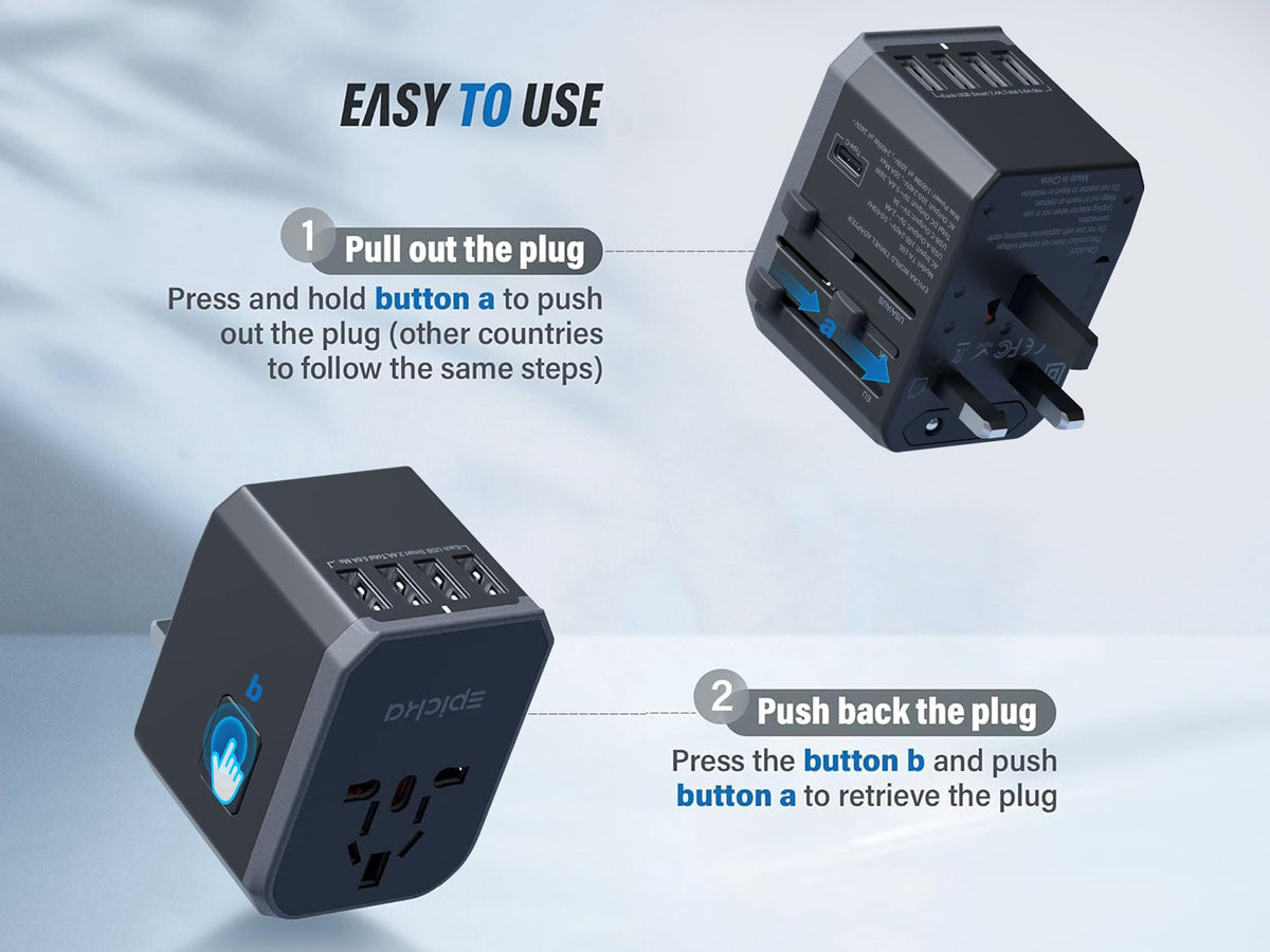 EPICKA TA-105 USB-C port enables fast charging for laptops and devices abroad