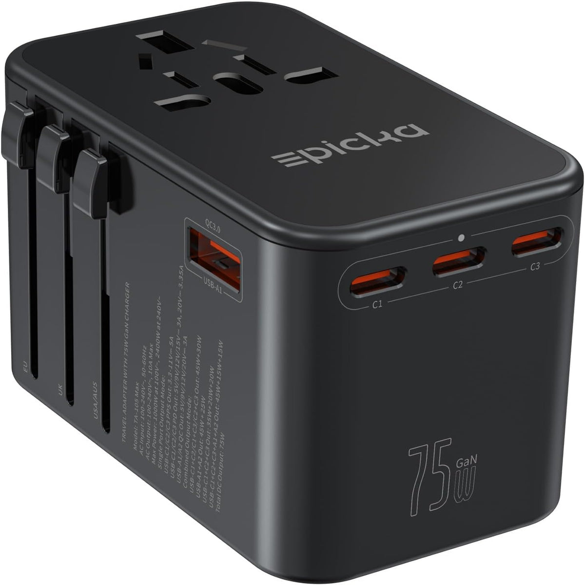 EPICKA TA-105 Max universal travel adapter with four plug types for global compatibility.
