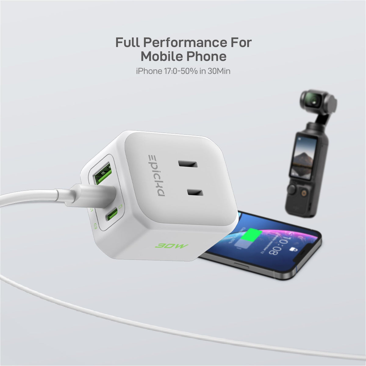 EPICKA shows 2 AC sockets and 3 USB ports powering devices simultaneously.