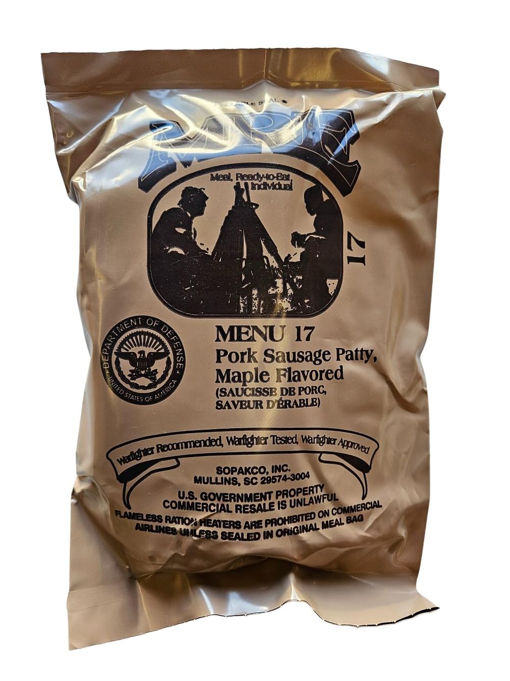 EPIDEMIC PROOF USGI MRE Maple Sausage Patty ready-to-eat meal for quick on-the-go nourishment