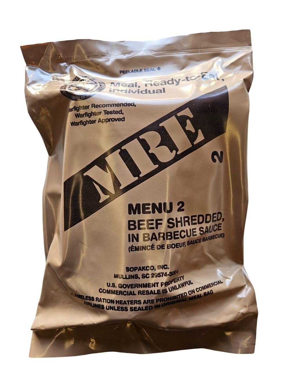 EPIDEMIC PROOF USGI MRE Menu 2 BBQ Shredded Beef entree for on-the-go meals.