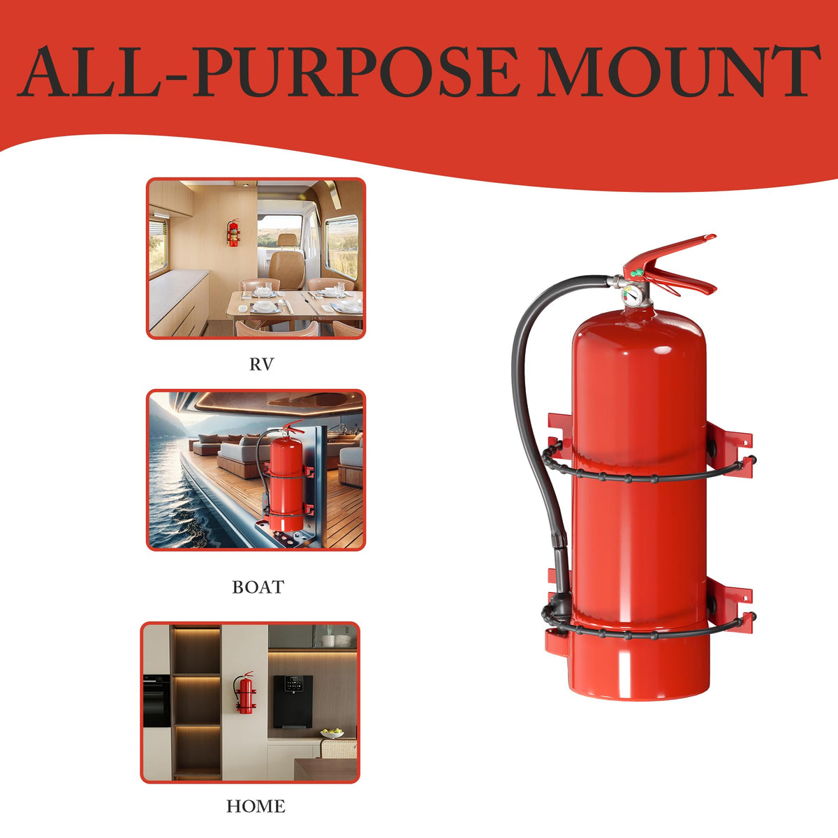 Epoacht universal-fit bracket holds 5lb extinguishers and various sizes.