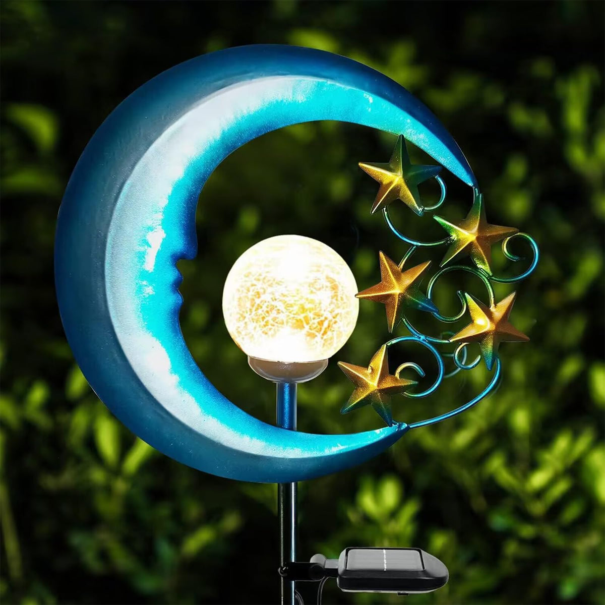EPROSMIN Stars Moon solar light with crackle glass globe lighting up walkways.