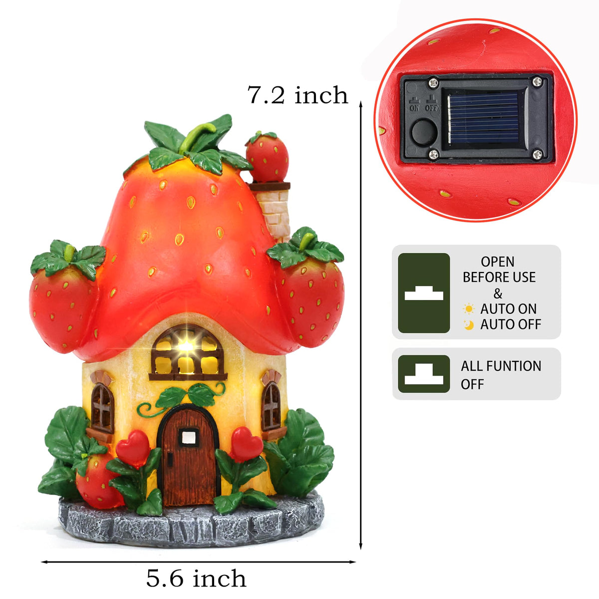 EPTUEGA solar fairy garden house strawberry roof closeup reveals hand-painted details.