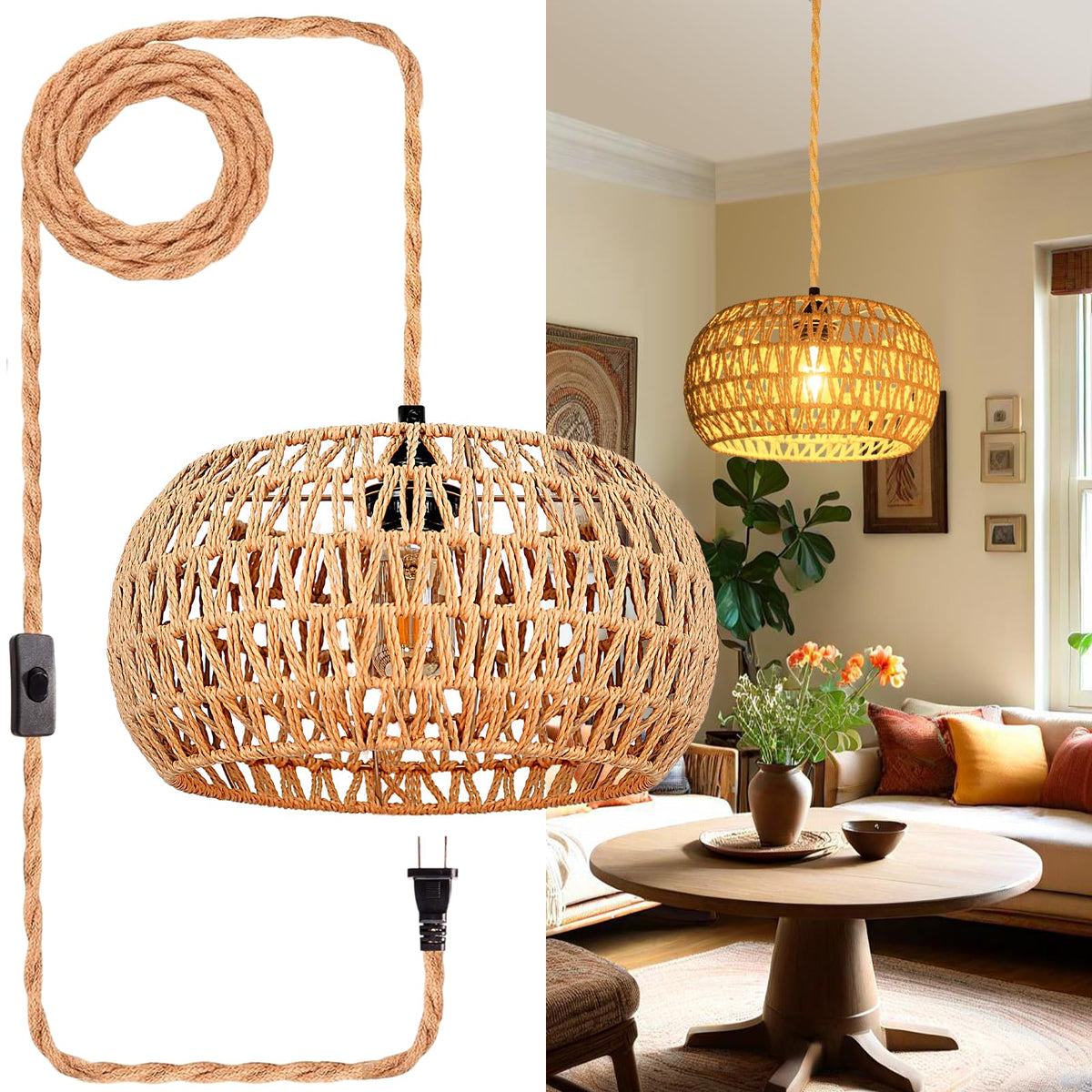 Eqquorva hanging lights with rattan shade close-up highlighting natural texture and warm glow