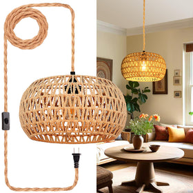 Eqquorva hanging lights with rattan shade close-up highlighting natural texture and warm glow