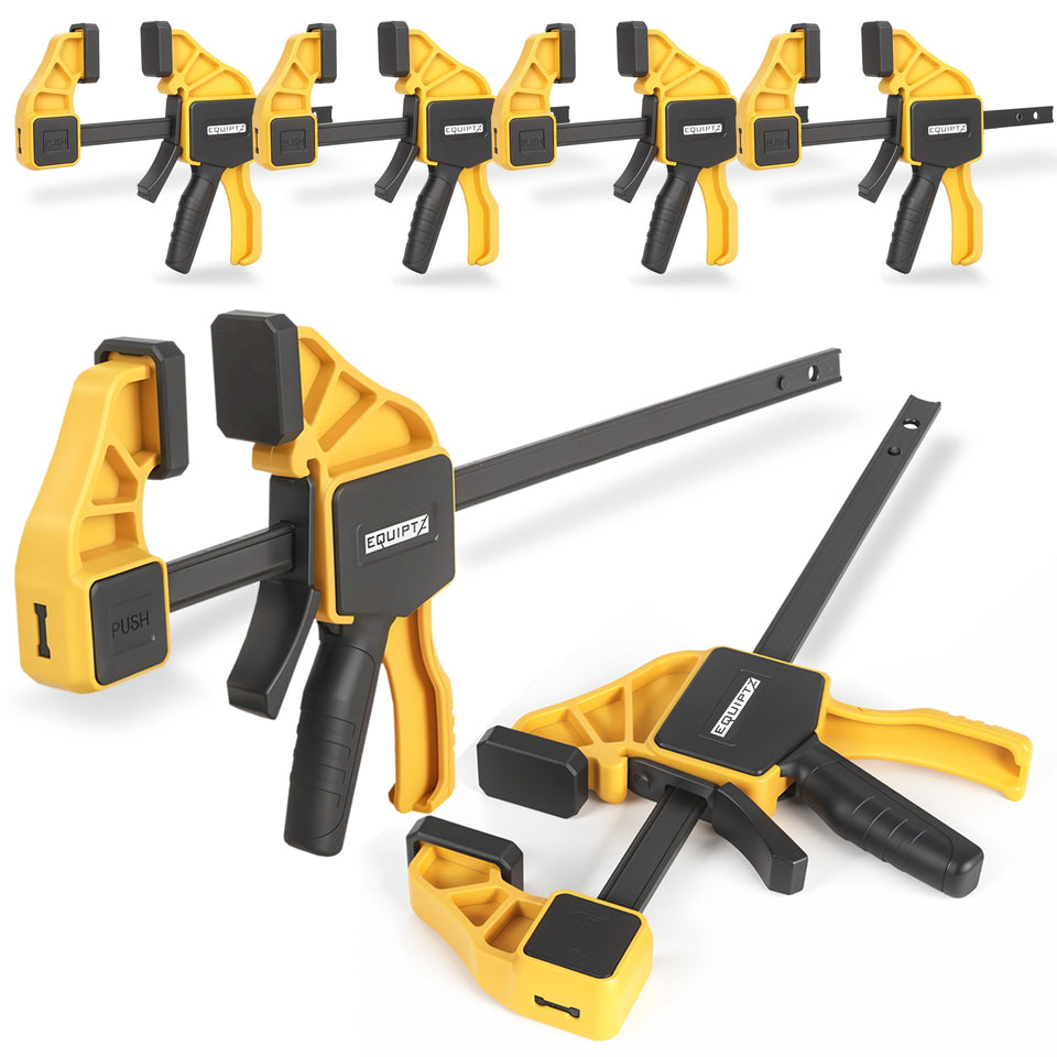 EQUIPTZ 6-pack bar clamps in woodworking setup offer stable alignment during glue-ups.