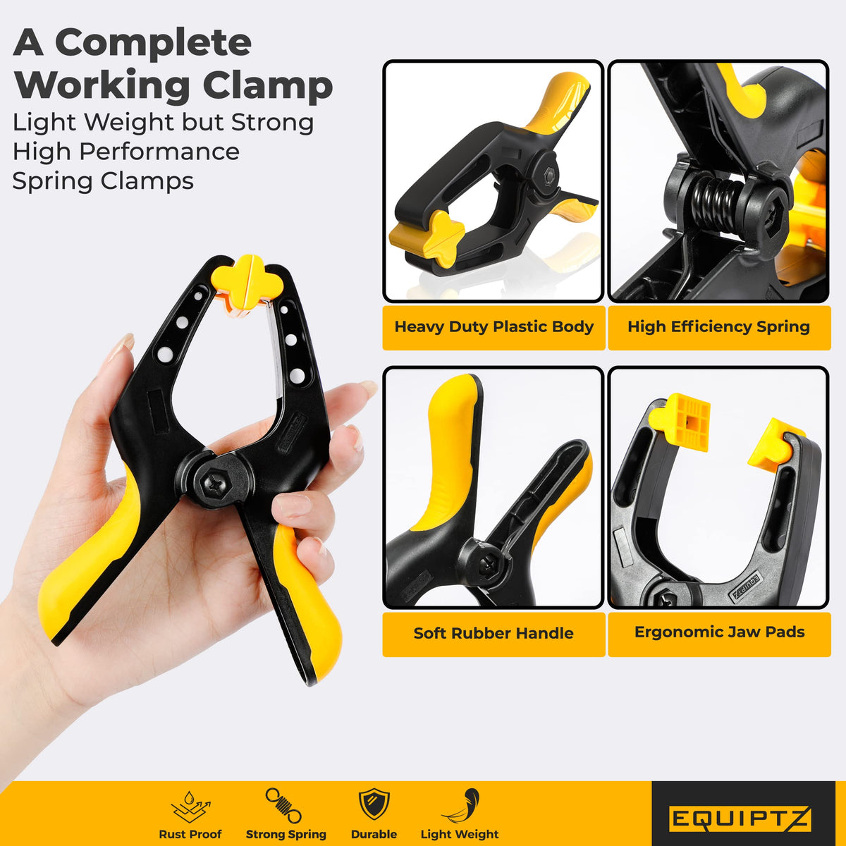 EQUIPTZ 6-inch mouth-open 3in clamp demonstrates secure grip for backdrops