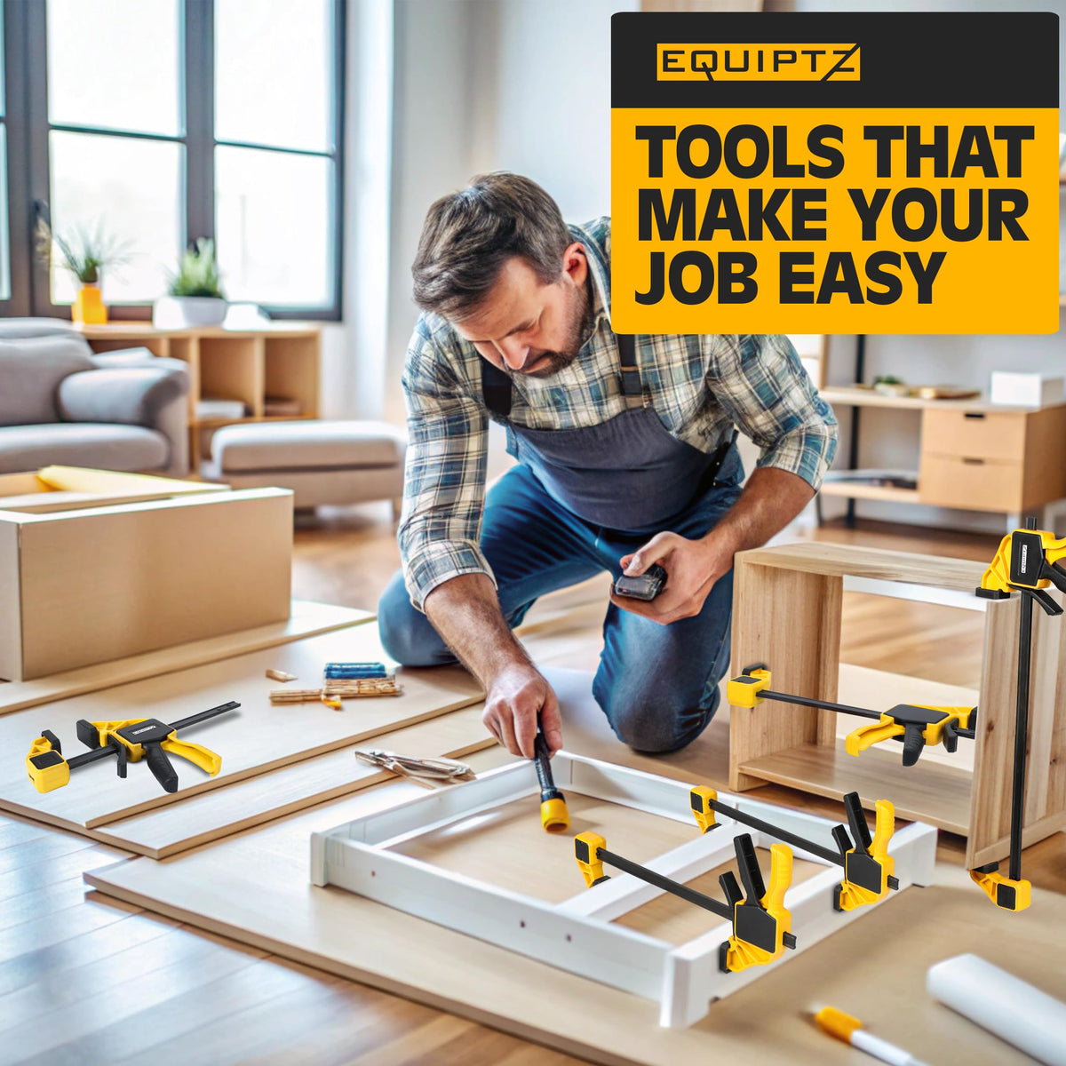 EQUIPTZ 12in bar clamps in action during woodworking glue-ups.