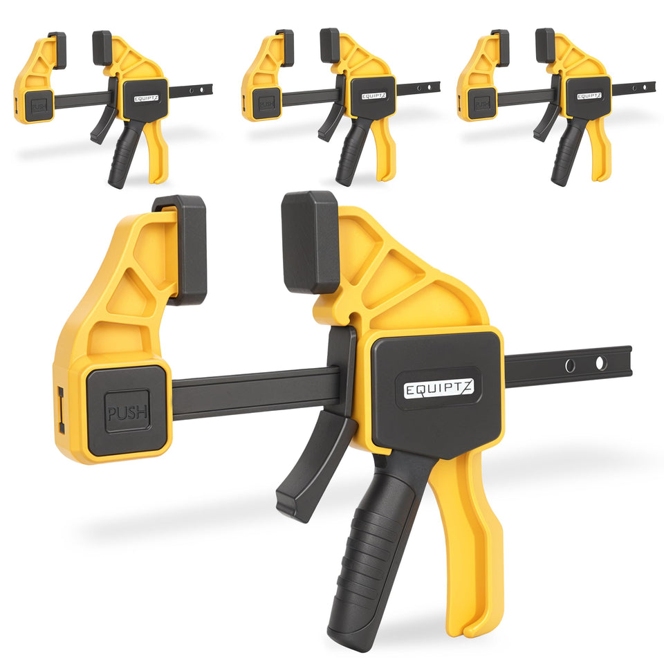 EQUIPTZ 6-inch bar clamps in a woodworking glue-up setup.