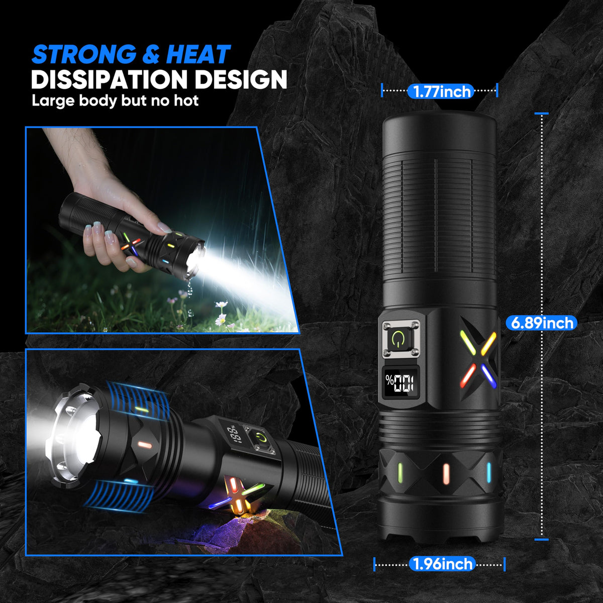 ERBRIGTLI flashlight LCD power display shows remaining charge at a glance