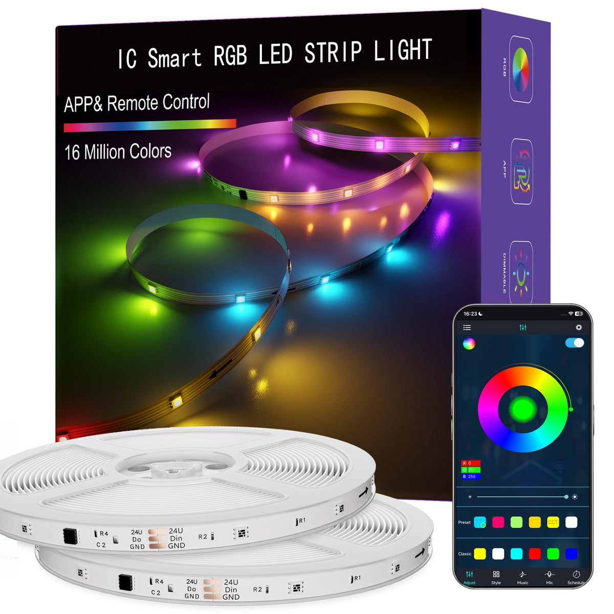 ERBTY IC smart RGB strip lights illuminate a bedroom with soft gradient colors