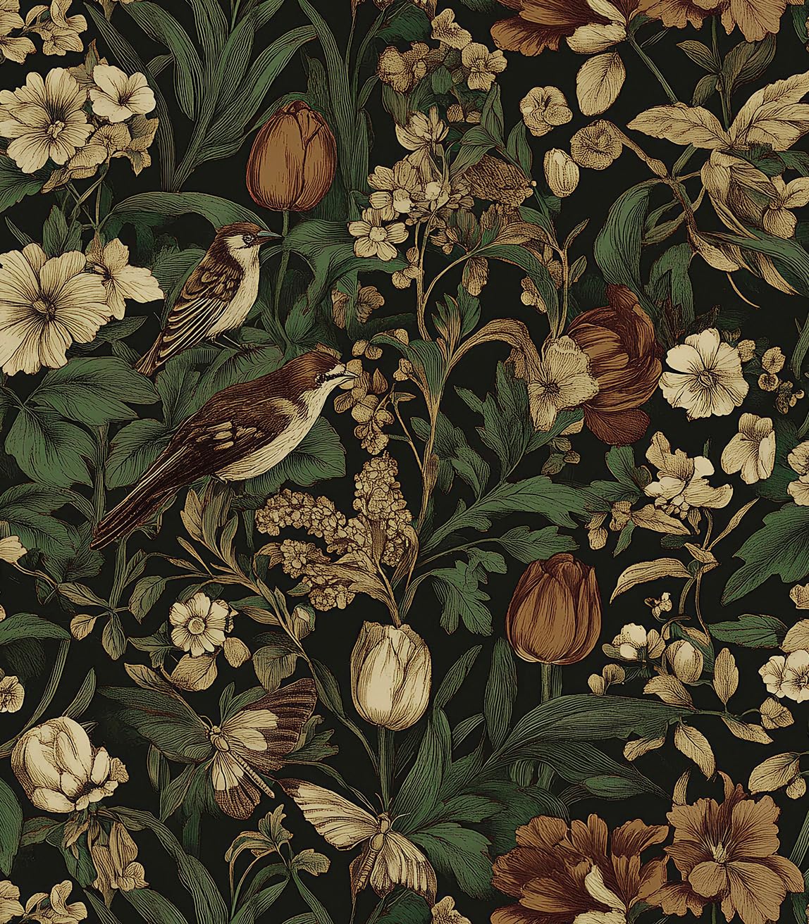 Erfoni bird floral peel-and-stick wallpaper on dark base for quick room refresh.
