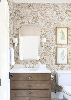 Erfoni living room accent wall using beige floral wallpaper creates cozy ambiance.