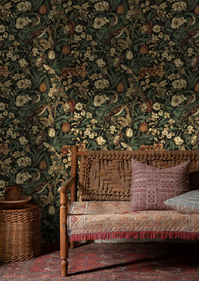 Erfoni pattern wallpaper with birds and flowers adds retro charm to walls.