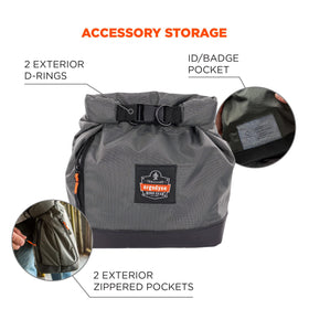 Carry handle and clip enable easy transport and attachment.