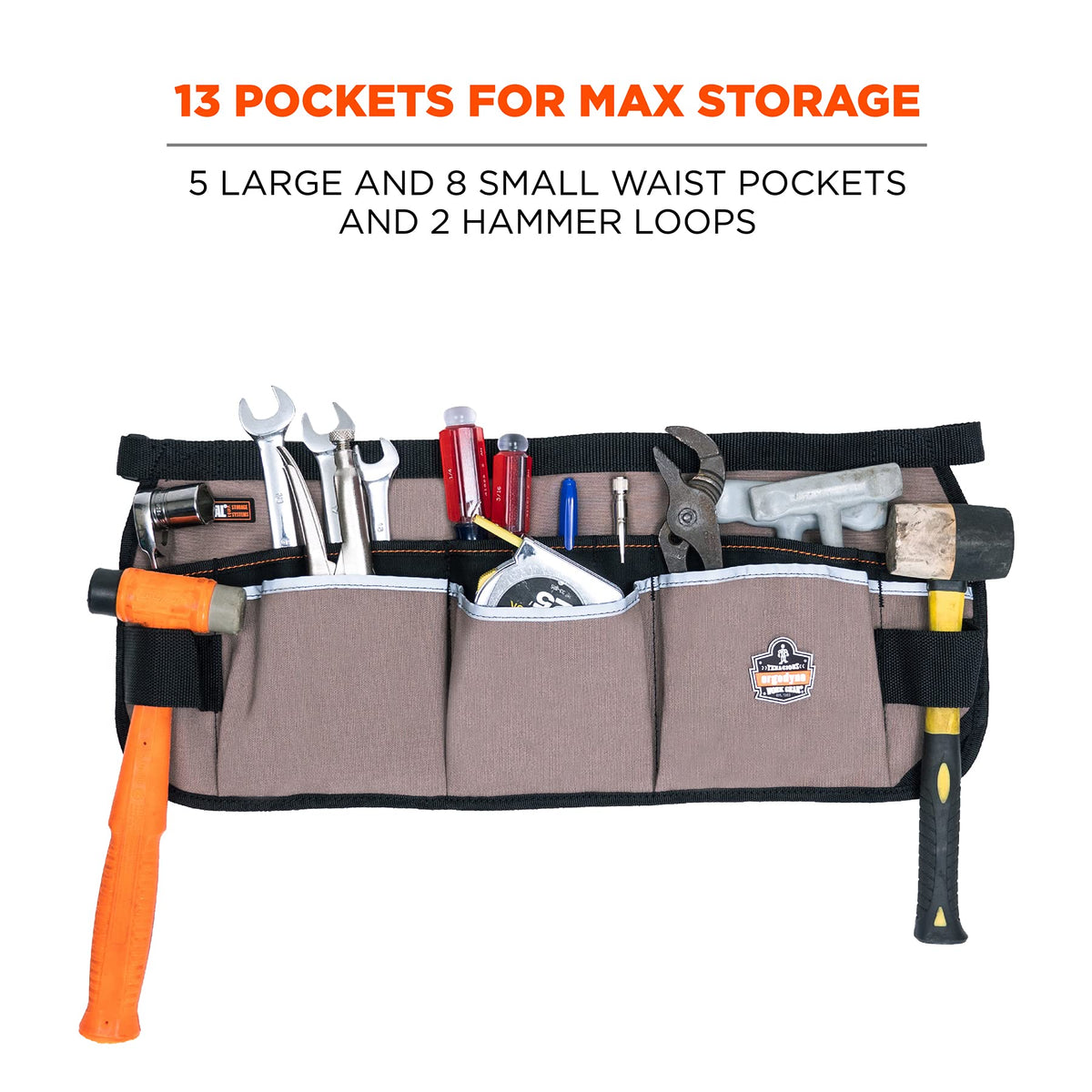 Ergodyne Arsenal 5706 13-pocket layout highlights comprehensive tool storage.