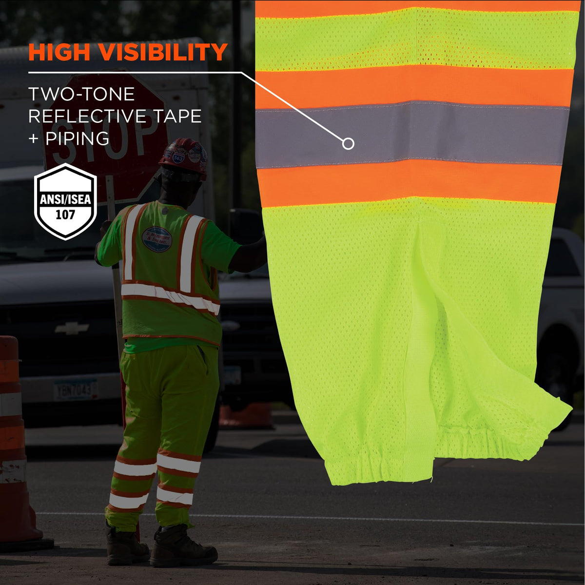 Ergodyne Class E lime pants, back view with reflective tape emphasis.