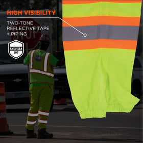 Ergodyne Class E lime pants, back view with reflective tape emphasis.