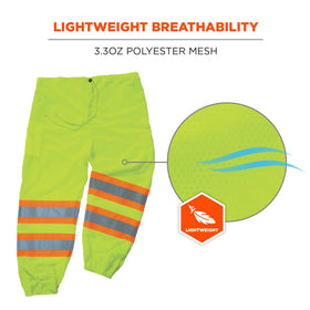 Ergodyne Class E lime pants, side view showing roomy fit and mesh.