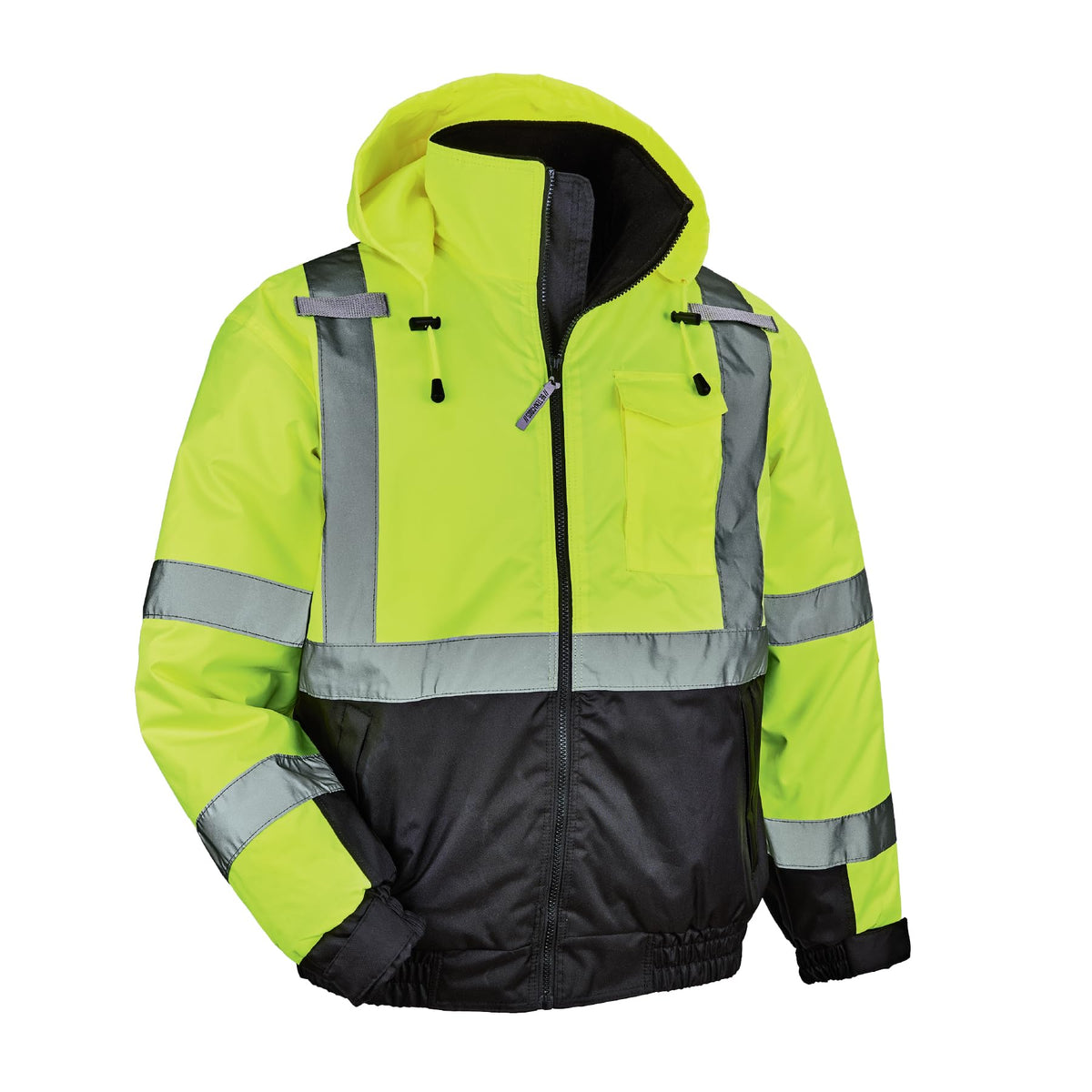 Ergodyne GloWear 8377 lime front view shows high-visibility jacket for daytime and low-light safety.