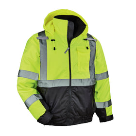 Ergodyne GloWear 8377 lime front view shows high-visibility jacket for daytime and low-light safety.