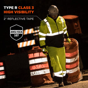Ergodyne GloWear 8377 lime hood adjustment demonstrates weather-ready versatility.