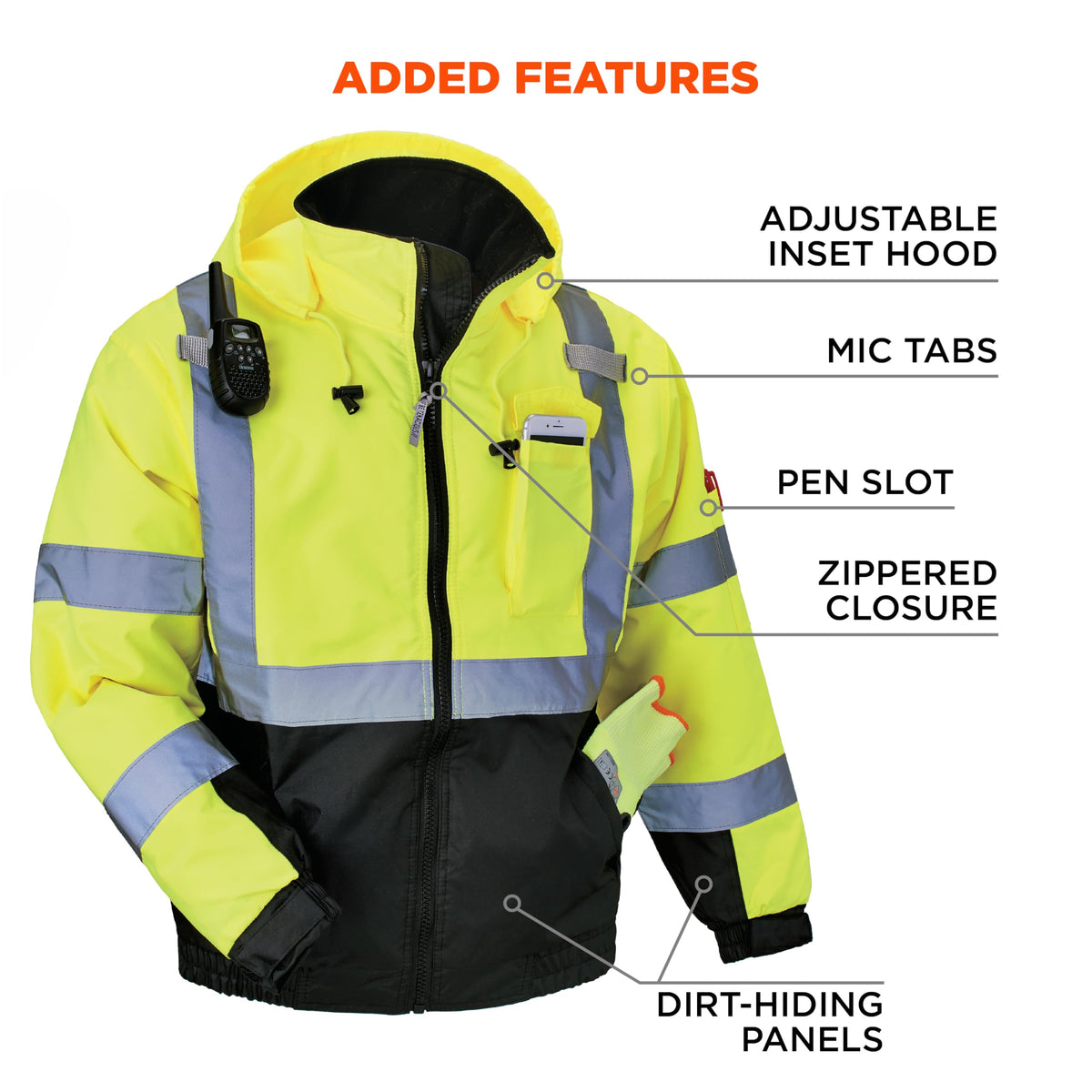 Ergodyne GloWear 8377 water- and wind-resistant outer shell in rugged design.