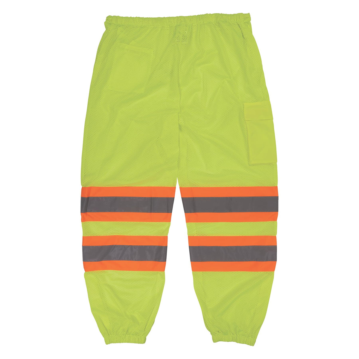 Ergodyne lime pants, wide ankle openings with hook-and-loop closures.