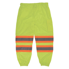 Ergodyne lime pants, wide ankle openings with hook-and-loop closures.